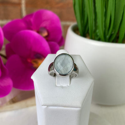 Aquamarine Bezel Gemstone Ring Oval Shape with Sterling Silver Bezel Set Sized Band