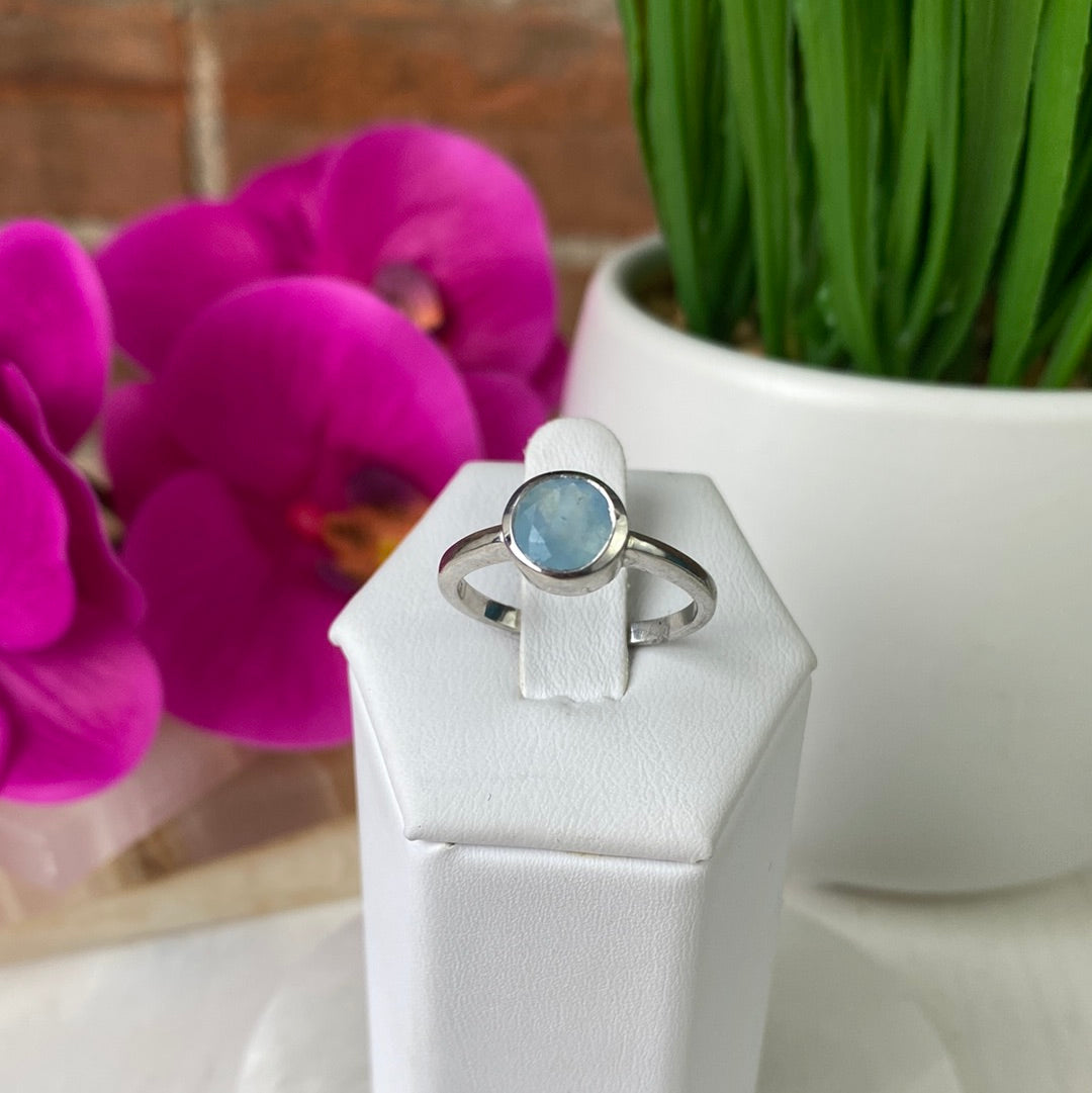 Aquamarine Bezel Gemstone Ring Round Shape with sterling silver (No Prong) Sized Band