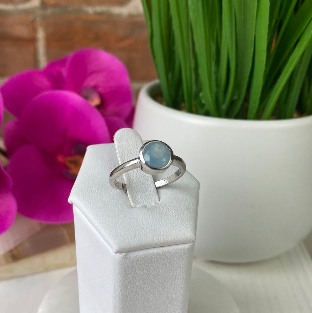 Aquamarine Bezel Gemstone Ring Round Shape with sterling silver (No Prong) Sized Band