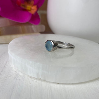 Aquamarine Bezel Gemstone Ring Round Shape with sterling silver (No Prong) Sized Band