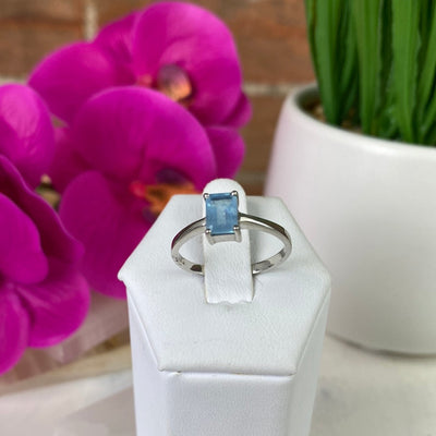 Aquamarine Rectangle/Oval Bezel Prong Ring with Sterling Silver Prong Setting and Sized Band