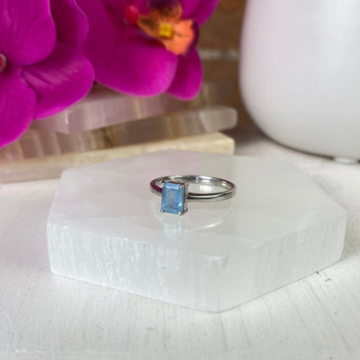 Aquamarine Rectangle/Oval Bezel Prong Ring with Sterling Silver Prong Setting and Sized Band