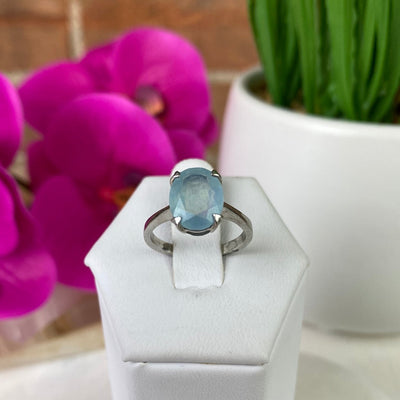 Aquamarine Rectangle/Oval Bezel Prong Ring with Sterling Silver Prong Setting and Sized Band