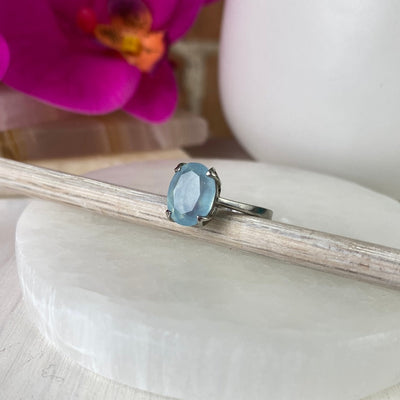 Aquamarine Rectangle/Oval Bezel Prong Ring with Sterling Silver Prong Setting and Sized Band
