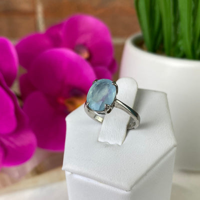 Aquamarine Rectangle/Oval Bezel Prong Ring with Sterling Silver Prong Setting and Sized Band