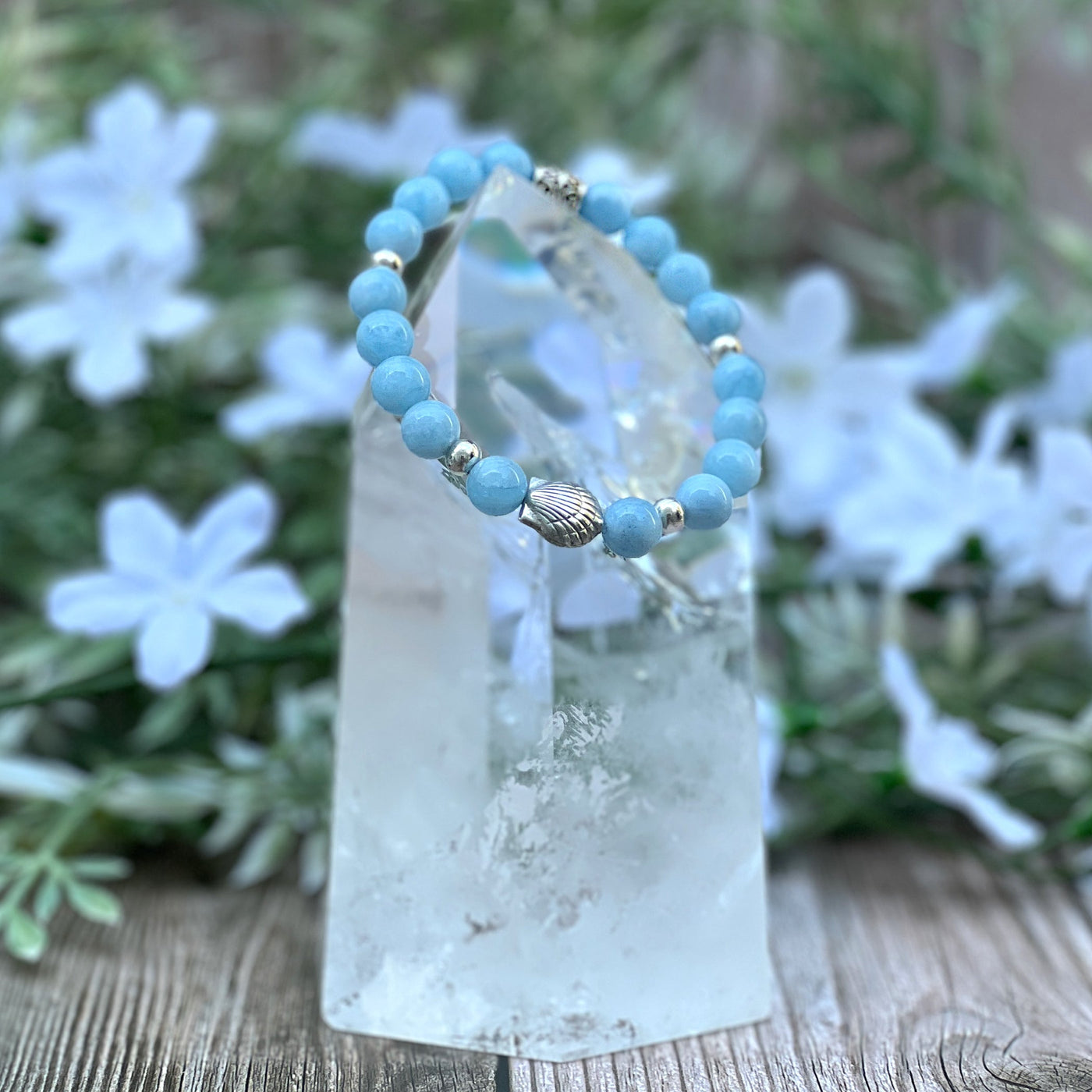 Aquamarine & Sterling Silver Scallop Shell Stretch Bracelet - Artisan Made