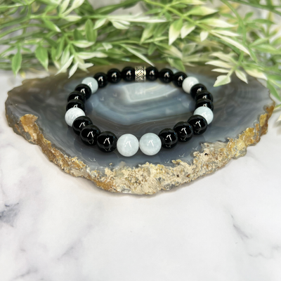 Aquamarine and Black Onyx Stretch Bracelet - Artisan Made