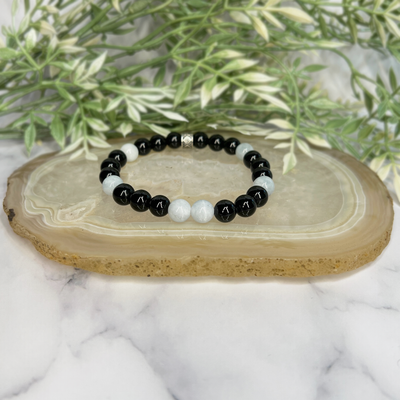 Aquamarine and Black Onyx Stretch Bracelet - Artisan Made