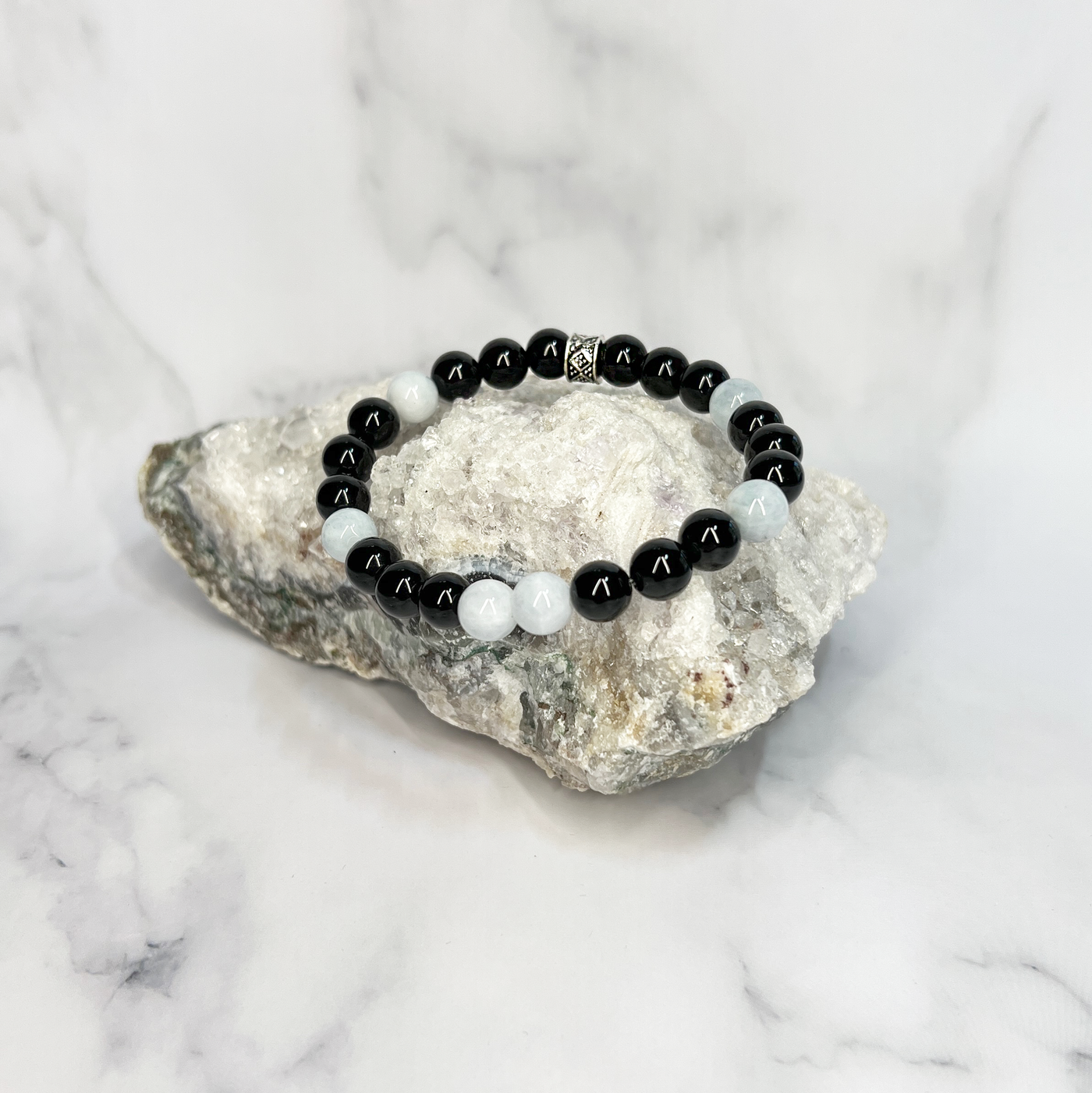 Aquamarine and Black Onyx Stretch Bracelet - Artisan Made