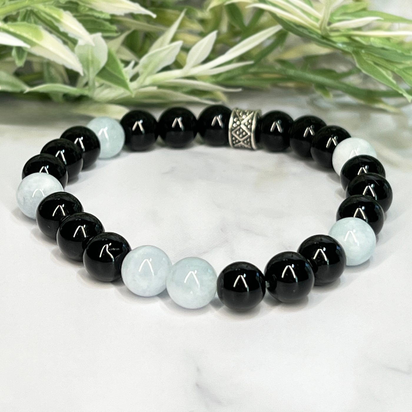 Aquamarine and Black Onyx Stretch Bracelet - Artisan Made