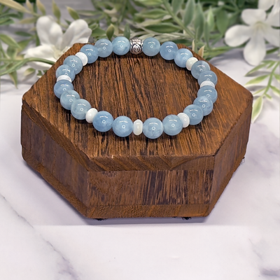 Aquamarine and White Mother of Pearl Stretch Bracelet - Artisan Made