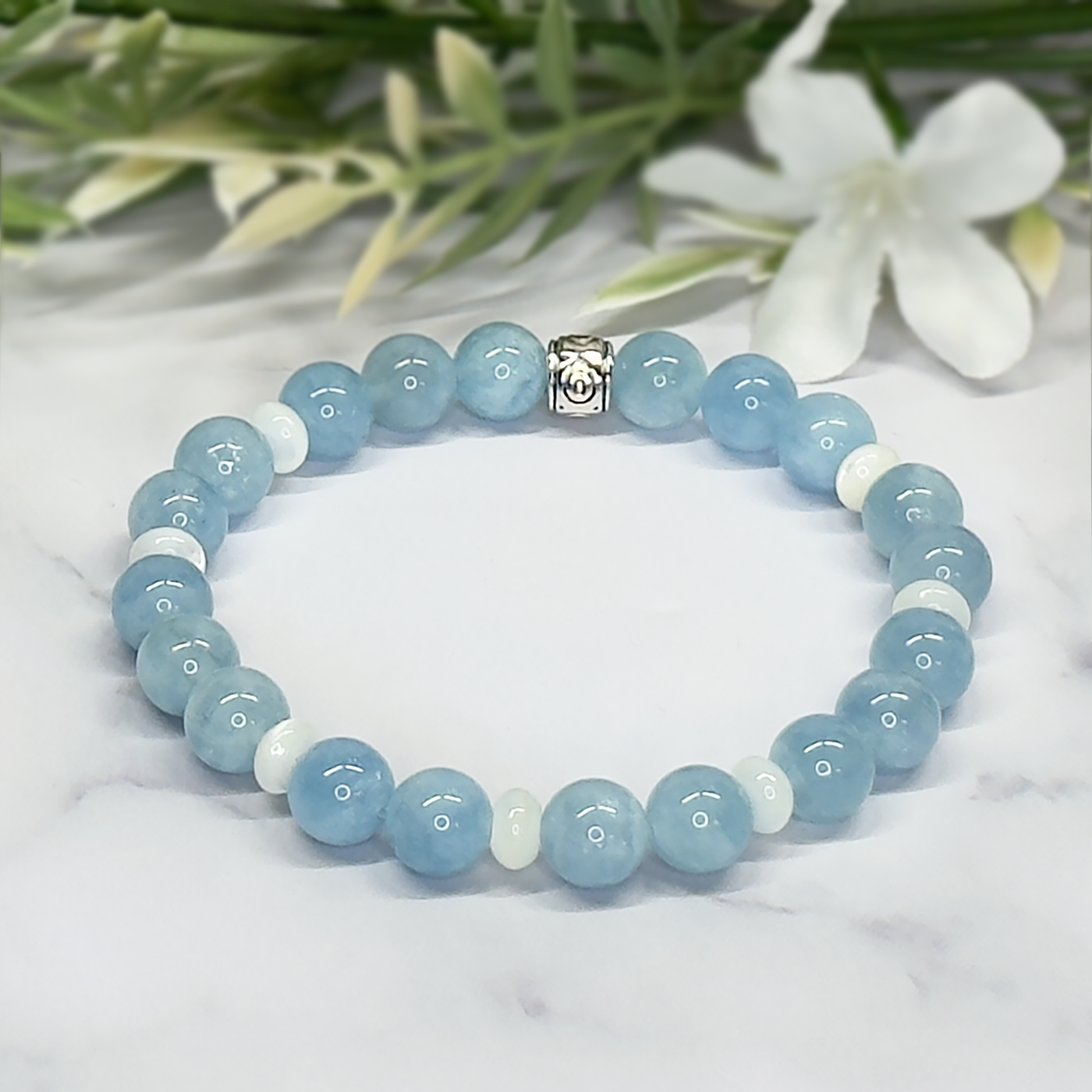 Aquamarine and White Mother of Pearl Stretch Bracelet - Artisan Made
