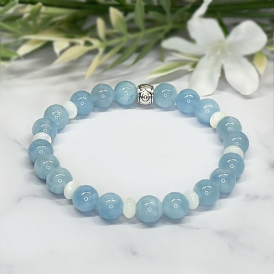 Aquamarine and White Mother of Pearl Stretch Bracelet - Artisan Made