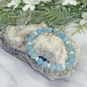 Aquamarine and White Mother of Pearl Stretch Bracelet - Artisan Made