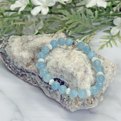 Aquamarine and White Mother of Pearl Stretch Bracelet - Artisan Made