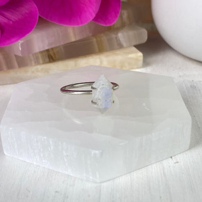 Assorted (Moonstone, Labradorite, Tiger Eye) Double Terminated Point Ring Set with Prongs in sterling silver - 10mm