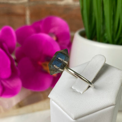 Assorted (Moonstone, Labradorite, Tiger Eye) Double Terminated Point Ring Set with Prongs in sterling silver - 10mm