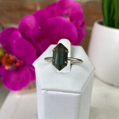Assorted (Moonstone, Labradorite, Tiger Eye) Double Terminated Point Ring Set with Prongs in sterling silver - 10mm