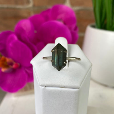 Assorted (Moonstone, Labradorite, Tiger Eye) Double Terminated Point Ring Set with Prongs in sterling silver - 10mm