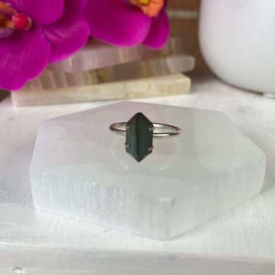 Assorted (Moonstone, Labradorite, Tiger Eye) Double Terminated Point Ring Set with Prongs in sterling silver - 10mm