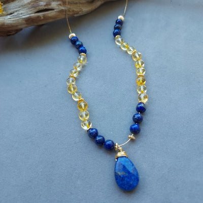 "Attract Abundance & Joy" Lapis & Citrine Necklace- Artisan Made
