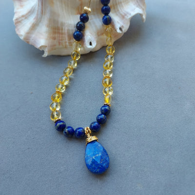 "Attract Abundance & Joy" Lapis & Citrine Necklace- Artisan Made