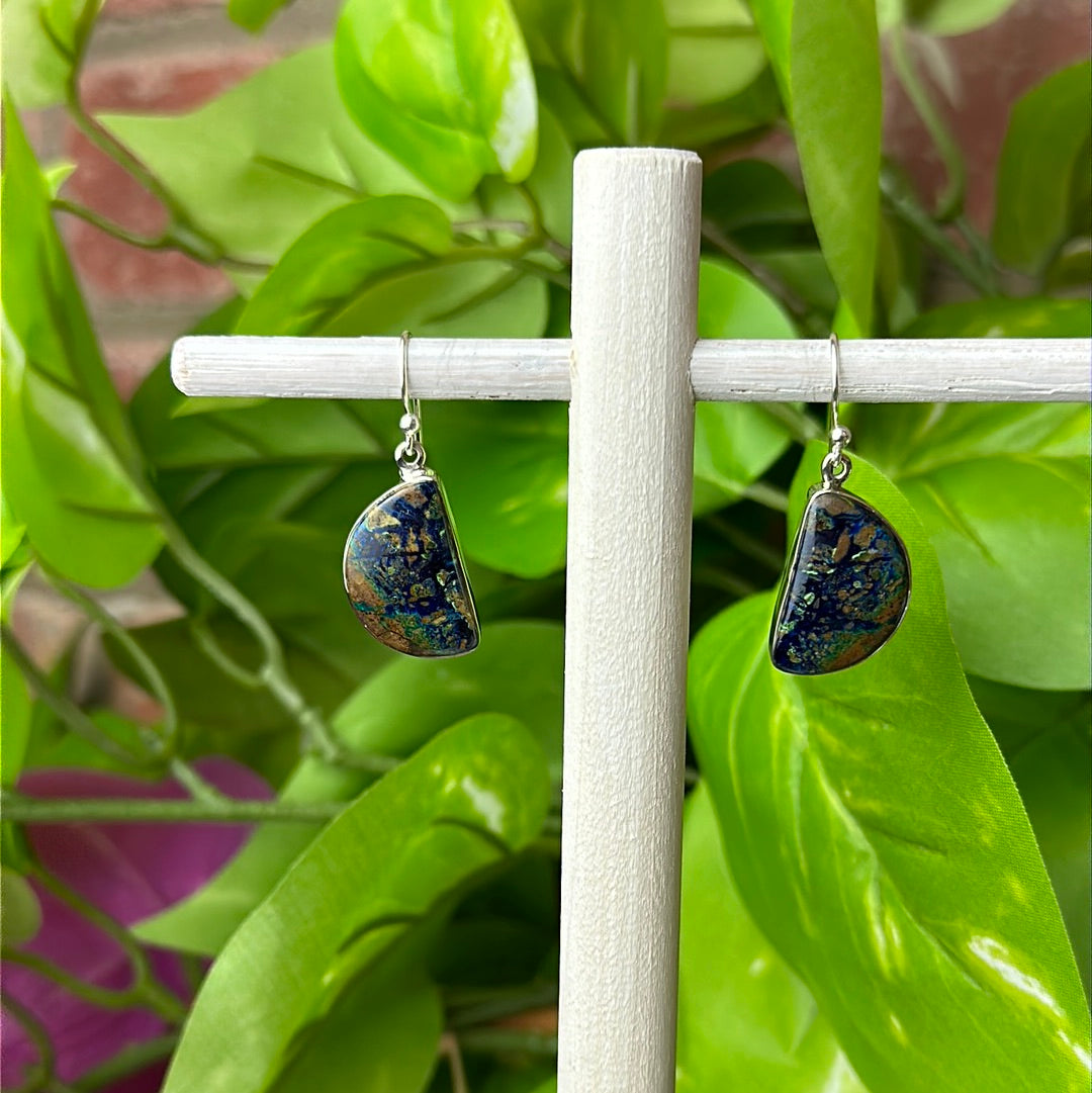 Azurite Malachite Polished Freeform Earrings in sterling silver