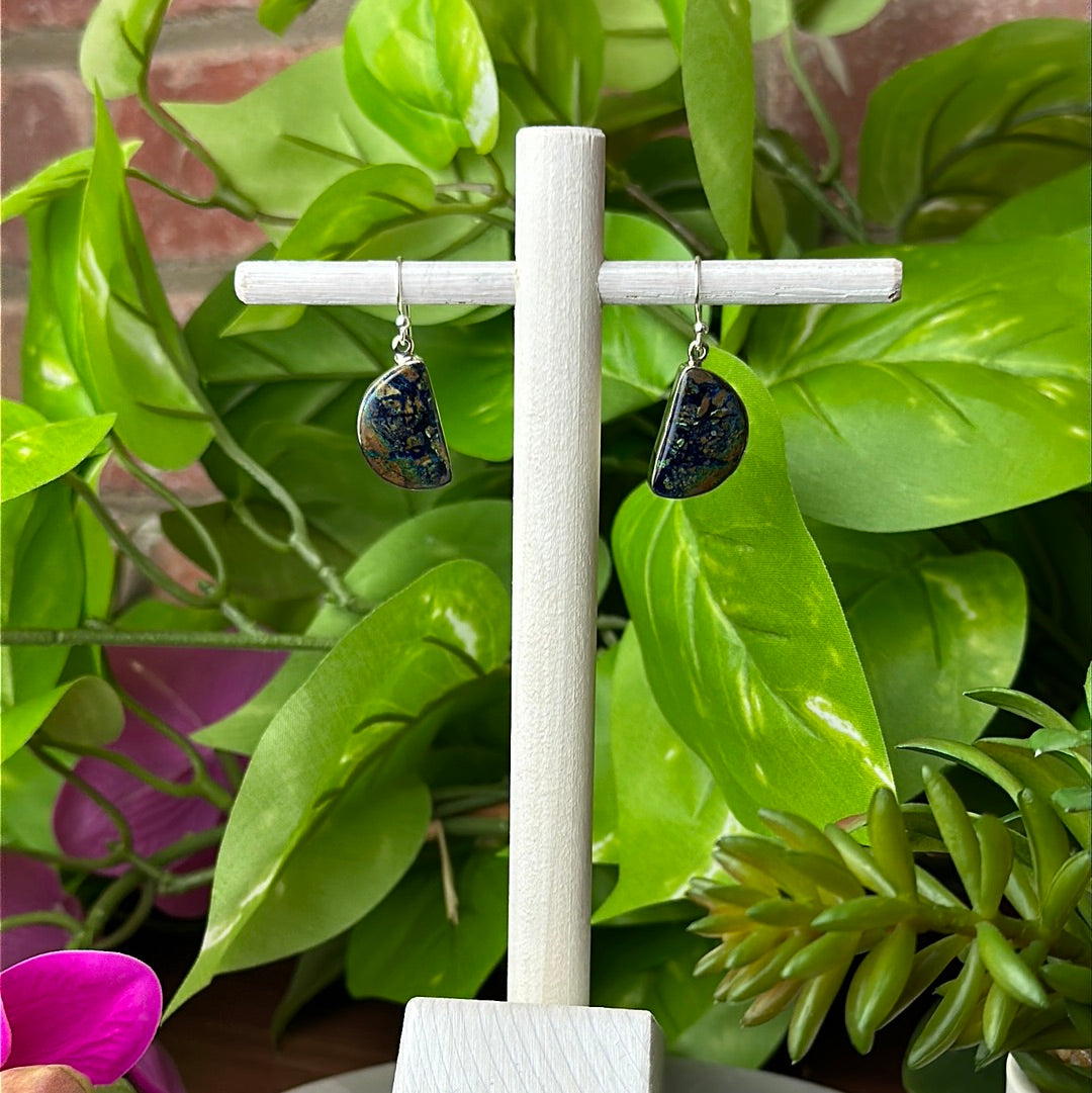 Azurite Malachite Polished Freeform Earrings in sterling silver