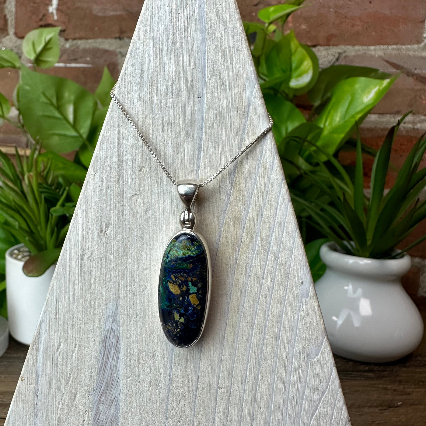 Azurite Malachite Polished Freeform Pendant in sterling silver (approximately 0.5" w)