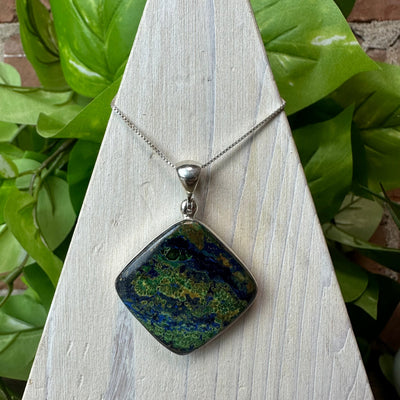 Azurite Malachite Polished Freeform Statement Pendant in sterling silver (approximately 1" w)
