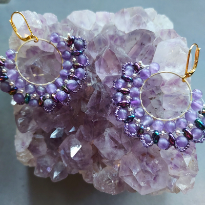 "Be Happy" Amethyst Beadwork Earrings - Artisan Made