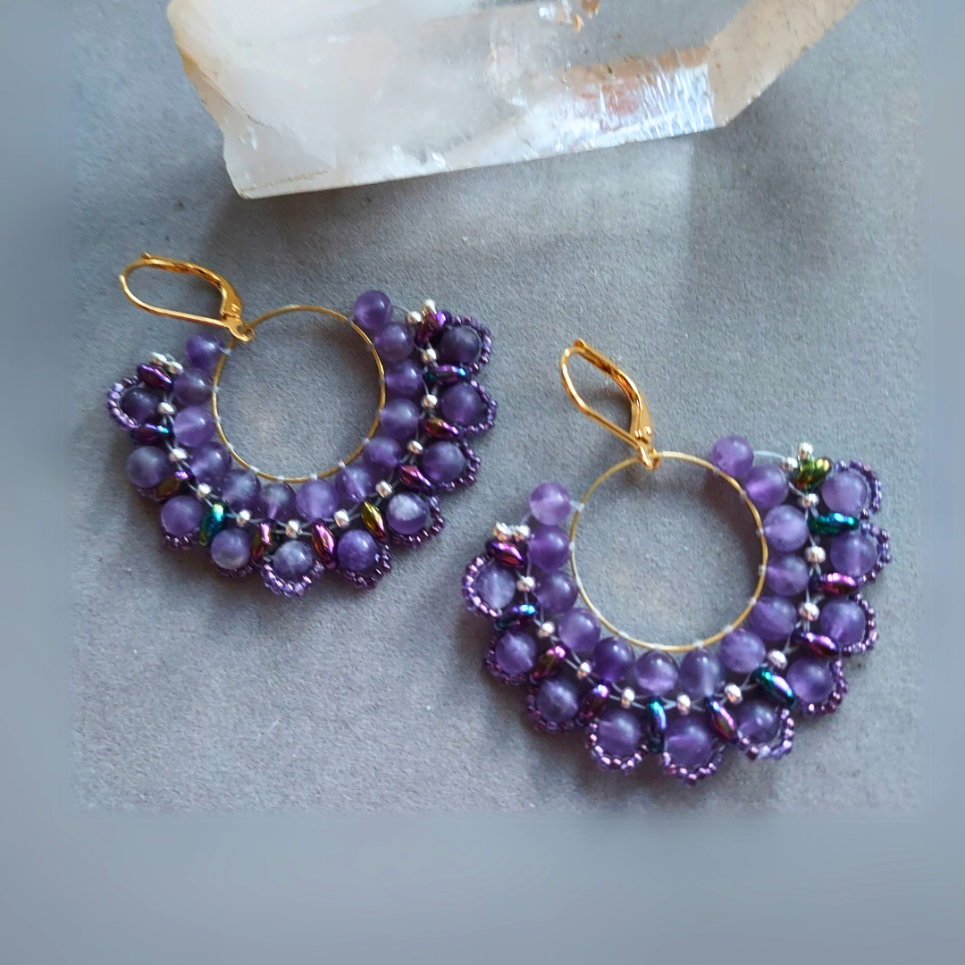 "Be Happy" Amethyst Beadwork Earrings - Artisan Made