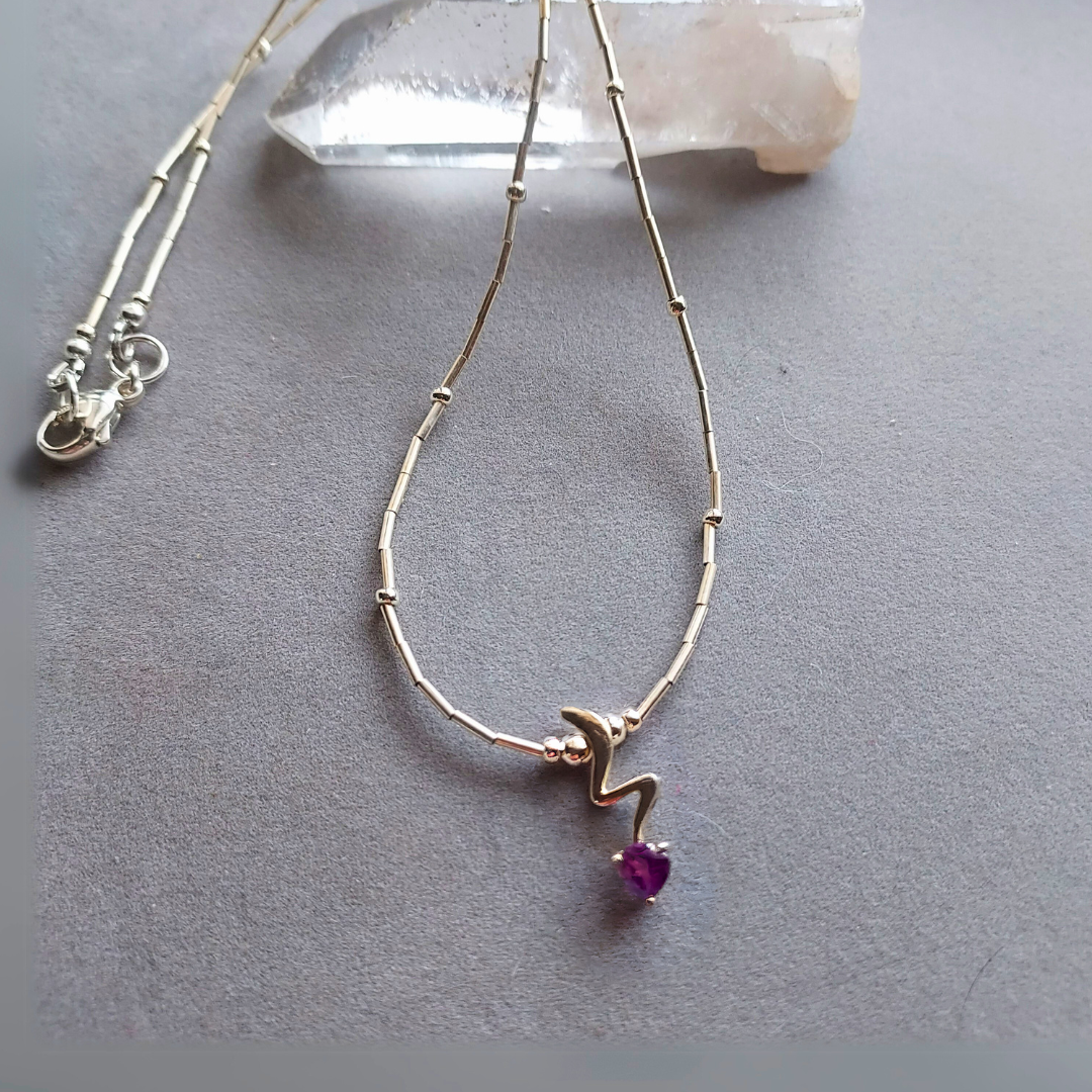 "Be Inspired" Minimalist Amethyst and Silver Necklace - Artisan Made