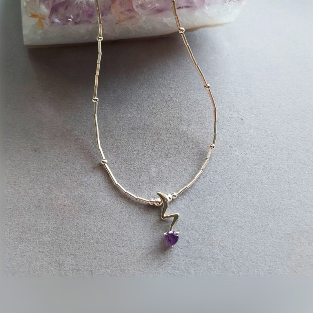 "Be Inspired" Minimalist Amethyst and Silver Necklace - Artisan Made