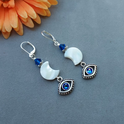 "Be Protected" Sapphire Nazar & Crescent Moon Earrings - Artisan Made