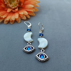 "Be Protected" Sapphire Nazar & Crescent Moon Earrings - Artisan Made