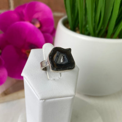 Black Agate Slice Ring with sterling silver Adjustable Band 1"