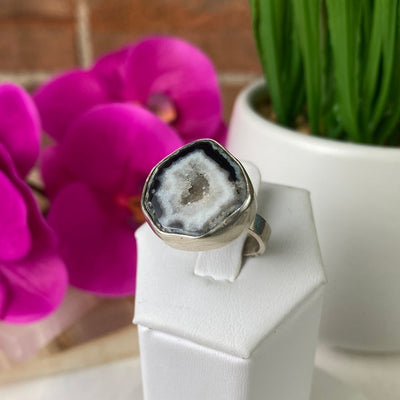 Black Agate Slice Ring with sterling silver Adjustable Band 1"