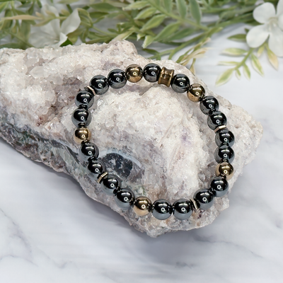 Black Hematite and Gold Titanium Pyrite Stretch Bracelet – Artisan Made