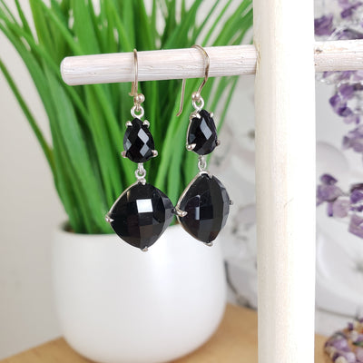 Black Onyx Double Drop Earrings w/ sterling silver Prongs
