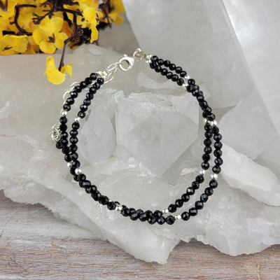 Black Spinel Beaded Double Strand Adjustable Bracelet or Anklet with Sterling Silver Clasp 7.75" to 9.5"