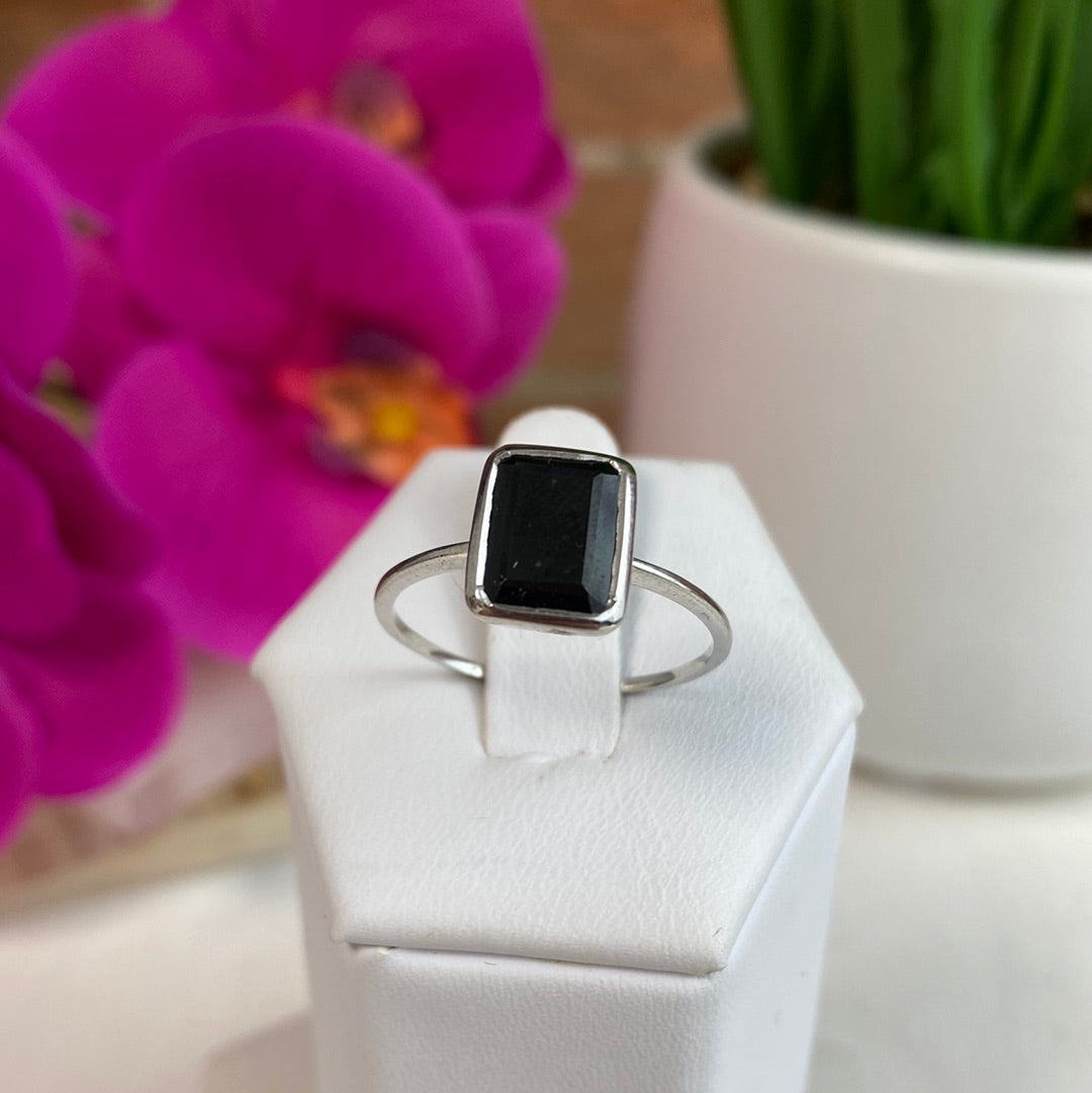 Black Spinel Cut sterling silver Ring (sized) -Square Cut