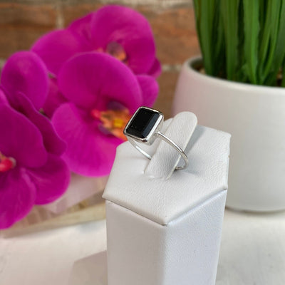 Black Spinel Cut Sterling Silver Ring (sized) -Square Cut