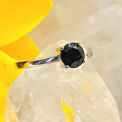 Black Spinel Round Cut Prong Ring in sterling silver