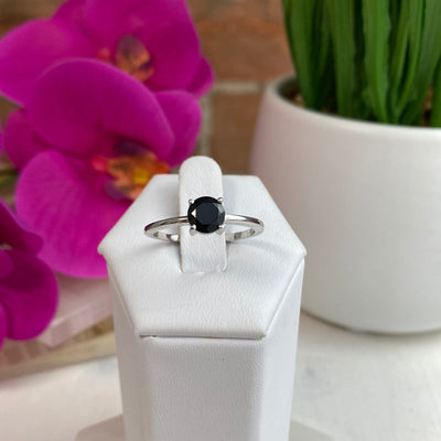 Black Spinel Round Cut Prong Ring in sterling silver