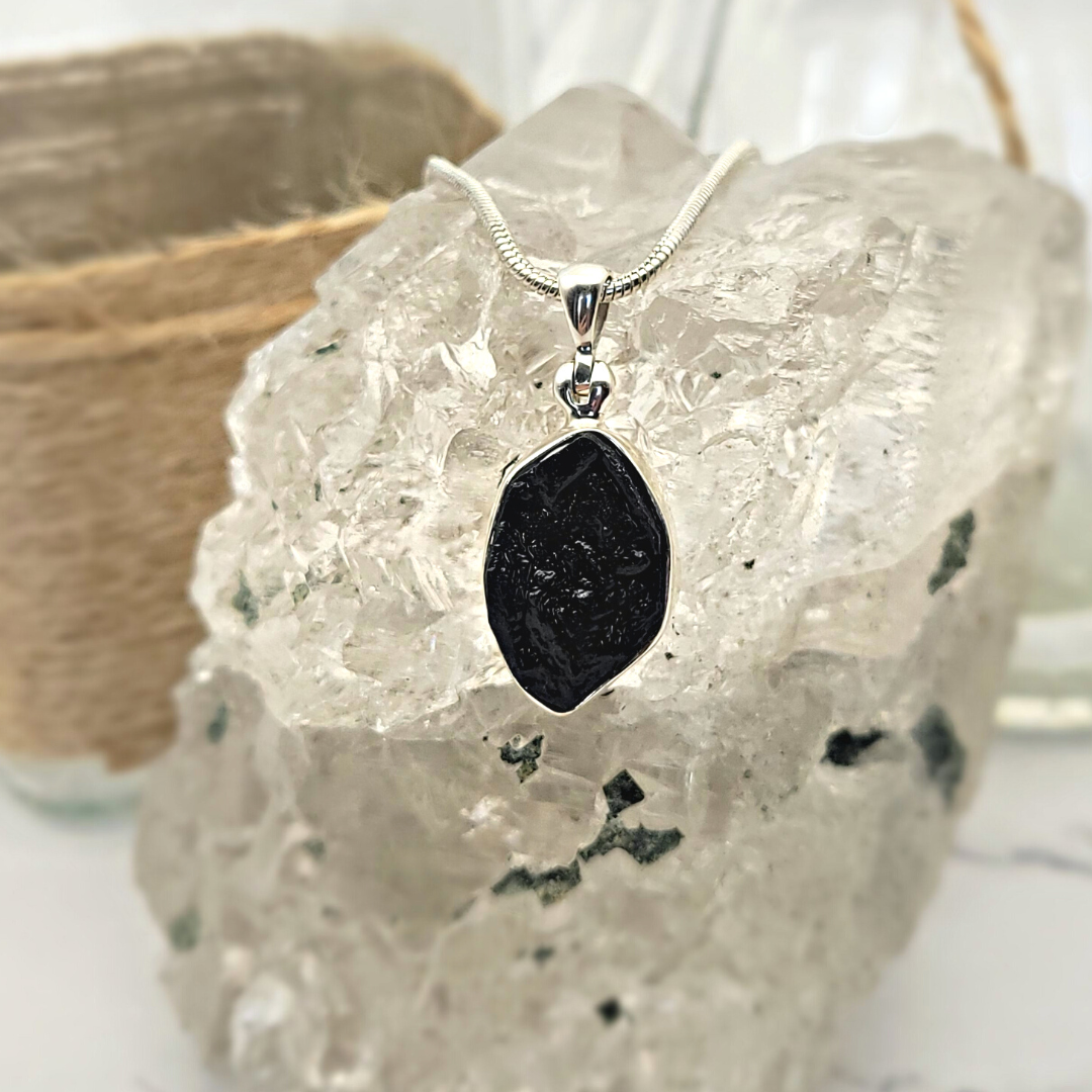 Black Tourmaline Freeform Bezel Set sterling silver Pendant