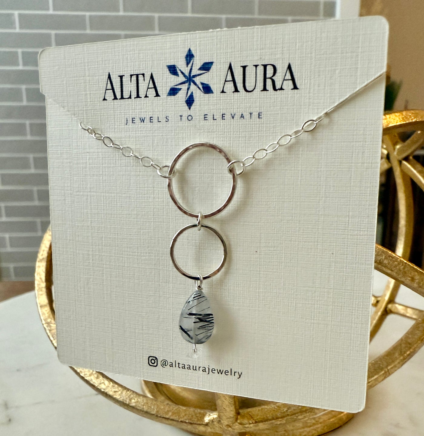 Black Tourmaline Quartz Hoop Necklace-Artisan Made