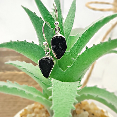 Black Tourmaline Rough sterling silver Dangle Earrings