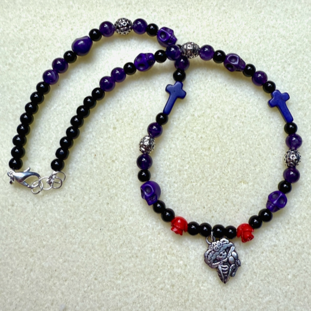 Black and Purple Day of the Dead Necklace - Artisan Made