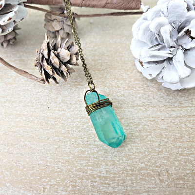 Blue Crystal Quartz Point Wrapped Antique gold Wire Necklace